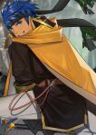  1boy alternate_skin_color blue_eyes blue_hair dark-skinned_male dark_skin feet_out_of_frame fire_emblem from_behind headband highres ike_(fire_emblem) looking_at_viewer male_focus reward_available short_hair sideburns solo spread_legs toned toned_male yaowu 