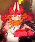  1boy alternate_costume black_jacket blush colored_sclera cthugha_(housamo) extra_ears furry furry_male gakuran incoming_gift jacket kenetsu_sumi_(no_miso_crash) looking_at_viewer male_focus monster_boy octopus_boy open_clothes open_jacket orange_scarf pout purple_eyes scales scarf school_uniform solo sweater tentacle_hair tentacles thick_eyebrows tokyo_afterschool_summoners white_sweater yellow_sclera 