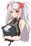  &gt;3&lt; &gt;_&lt; +++ 1girl :3 absurdres animal animal_hug azur_lane bare_shoulders black_cat breasts cat commentary_request cropped_torso eyebrows_visible_through_hair headgear highres large_breasts light_purple_hair long_hair meowfficer_(azur_lane) moyoron multicolored_hair orange_eyes prinz_eugen_(azur_lane) red_hair sideboob simple_background two-tone_hair upper_body white_background 