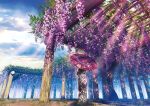 1girl cloud cloudy_sky commentary_request day flower grass hachio81 highres holding japanese_clothes kimono original pillar plant scenery shade sky solo sunlight tree umbrella wisteria 
