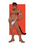  1boy abs bandaid bandaid_on_arm bara black_shirt bulge cat_tail check_copyright clothes_pull copyright_request dark-skinned_male dark_skin facial_hair full_body goatee headband large_pectorals male_focus male_swimwear mature_male muscular muscular_male navel navel_hair nipples original pectorals pulled_by_self seductive_smile shirt short_hair sideburns smile solo stomach swim_briefs swimsuit_pull tail thighs topless_male wet white_male_swimwear yaowu 