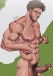  1boy abs artist_name ass bara beard black_hair brown_eyes chris_redfield completely_nude erection facial_hair highres large_pectorals looking_at_viewer male_focus male_pubic_hair muscular muscular_male navel nipples nude parted_lips pectorals penis pubic_hair resident_evil resident_evil_5 resident_evil_6 resident_evil_village short_hair sideburns simple_background solo suyohara 