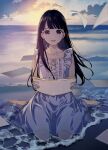  1girl bangs barefoot black_eyes black_hair blunt_bangs cloud cloudy_sky dress frilled_dress frills full_body highres holding holding_paper horizon long_hair open_mouth original outdoors paper sako_(35s_00) sitting sky sleeveless sleeveless_dress smile solo water white_dress 