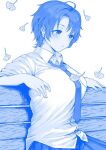  1girl bench blue_theme blush breasts cherry_blossoms commentary_request getsuyoubi_no_tawawa himura_kiseki_(style) kakeru_(fujiwara_kakeru) large_breasts monochrome school_uniform short_hair sitting tawawa_group volley-bu-chan_(tawawa) 