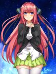  1girl bangs black_cardigan black_ribbon blue_eyes blunt_bangs butterfly_hair_ornament cardigan go-toubun_no_hanayome green_skirt hair_ornament highres hoppo long_hair nakano_nino night night_sky own_hands_together pink_hair ribbon skirt sky smile solo thighhighs twintails white_legwear zettai_ryouiki 