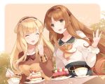  2girls alternate_costume blonde_hair brown_hair buttons cake closed_eyes collarbone cup eyebrows_visible_through_hair fletcher_(kancolle) food green_eyes helena_(kancolle) holding holding_spoon juliet_sleeves kantai_collection long_hair long_sleeves military military_uniform multiple_girls neck_ribbon open_mouth puffy_sleeves ribbon shakemi_(sake_mgmgmg) side_bun smile spoon uniform yellow_ribbon 