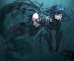  1girl barcode barcode_tattoo blood commentary_request copyright_request floating_hair full_body green_eyes highres looking_at_viewer mask mecha_musume mechanical_tail scuba scuba_tank solo tail tattoo tom-neko_(zamudo_akiyuki) tube underwater weapon 