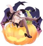  1girl animal_ears black_footwear black_gloves black_legwear blush breasts candy collarbone crescent_moon eating elbow_gloves eyebrows_visible_through_hair fingerless_gloves food gloves green_eyes halloween high_heels highres jack-o&#039;-lantern lollipop looking_at_viewer medium_breasts moon open_mouth original rabbit_ears rabbit_girl shoe_dangle sitting smile solo susukitten teeth thighhighs upper_teeth white_hair 