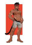  1boy abs bandaid bandaid_on_arm bara black_male_swimwear black_shirt bulge cat_tail check_copyright clothes_pull copyright_request dark-skinned_male dark_skin facial_hair forked_eyebrows full_body goatee headband large_pectorals male_focus male_swimwear mature_male muscular muscular_male navel navel_hair nipples original pectorals pulled_by_self scar scar_on_face scar_on_nose seductive_smile see-through_legwear see-through_shorts shirt short_hair shorts sideburns smile solo stomach swim_briefs swimsuit_pull tail thick_eyebrows thighs topless_male white_shorts yaowu 