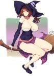  1girl absurdres armpits bare_shoulders breasts broom broom_riding brown_eyes brown_hair detached_sleeves dragon&#039;s_crown dress full_body hat highres huge_breasts impossible_clothes looking_away parted_lips solo sorceress_(dragon&#039;s_crown) strapless strapless_dress whoosaku witch_hat 