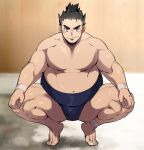  1boy absurdres bara belly blush fat fat_man frown highres large_pectorals looking_at_viewer male_focus manboobs muscular muscular_male navel nipples original pectorals short_hair smile solo squatting stomach sumo thick_thighs thighs tied_hair torawar 