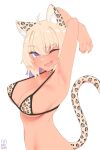  1girl ;d absurdres alternate_color alternate_hair_color alternate_skin_color animal_ears animal_print arcbun armpits arms_behind_head bangs bikini blonde_hair breasts cat_ears cat_tail cleavage collar dark-skinned_female dark_skin eyebrows_visible_through_hair fang gyaru highres hololive leopard_print looking_at_viewer multicolored_hair navel nekomata_okayu one_eye_closed purple_eyes purple_hair simple_background smile solo swimsuit tail two-tone_hair virtual_youtuber white_background 