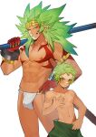  2boys abs bara bodypaint bulge character_request child colored_skin dark-skinned_male dark_skin dragalia_lost feet_out_of_frame fundoshi green_hair grin japanese_clothes large_pectorals long_hair looking_at_viewer male_focus multiple_boys muscular muscular_male navel nipples over_shoulder pectorals pointy_ears qitian_dasheng red_skin short_hair smile stomach thick_thighs thighs toned toned_male underwear underwear_only weapon weapon_over_shoulder yaowu 