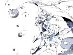  1girl braid dress feathered_wings finger_to_own_chin foreshortening kishin_sagume long_sleeves monochrome motion_lines nama_udon open_clothes open_hand orb short_hair single_wing sketch smile solo spot_color touhou white_background wings yin_yang yin_yang_orb 