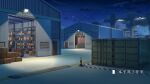  box chinese_commentary chinese_text cloud commentary_request container door forklift highres industrial light moonslanstudio night night_sky no_humans original scenery shelf sky spotlight star_(sky) warehouse 