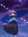  1girl arms_behind_back black_skirt blonde_hair bow brown_eyes brown_hair capelet feet_out_of_frame hair_bow hair_ribbon highres looking_at_viewer magical_astronomy medium_hair moon_phases nama_udon no_hat no_headwear pixelated ribbon shirt skirt sky smile solo standing star_(sky) starry_background starry_sky touhou usami_renko white_shirt 