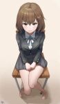  1girl barefoot blazer blurry brown_eyes brown_hair chair dated depth_of_field dream_mouse from_above hair_between_eyes hair_ornament hairclip highres jacket looking_at_viewer miniskirt original school_uniform short_hair sitting skirt solo sweatdrop symbol-only_commentary 