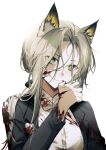  1girl animal_ear_fluff animal_ears arknights black_jacket blood blood_on_clothes blood_on_face blood_on_hands bow bowtie cat_ears cat_girl closed_mouth eyebrows_visible_through_hair formal green_eyes grey_background highres jacket kal&#039;tsit_(arknights) light_green_hair long_hair long_sleeves moonlgnance official_alternate_costume shirt solo suit suit_jacket upper_body waistcoat white_background white_bow white_bowtie white_shirt 
