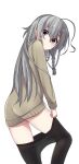  1girl absurdres ahoge beige_sweater braid cowboy_shot dressing expressionless grey_hair hair_ribbon highres holding holding_clothes holding_legwear hoshi_syoko idolmaster idolmaster_cinderella_girls kagari3 long_hair long_sleeves looking_at_viewer looking_back no_pants pantyhose ribbon simple_background solo very_long_hair white_background 