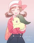  1girl :d backpack bag bangs blush bow brown_hair buttons cabbie_hat chikorita closed_eyes commentary_request dated facing_viewer gradient gradient_background hat hat_bow highres holding holding_pokemon long_hair lyra_(pokemon) open_mouth orange_bag pokemon pokemon_(creature) pokemon_(game) pokemon_hgss r.aka. red_shirt shirt signature smile teeth twintails upper_teeth white_headwear 