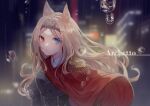  1girl animal_ears archetto_(arknights) arknights bangs blonde_hair blue_eyes blurry blurry_background cape character_name depth_of_field epaulettes heterochromia highres long_hair looking_at_viewer miike_(992058) parted_bangs rain red_cape red_eyes solo tiara upper_body water_drop wavy_hair 