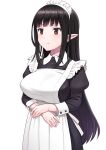  1girl bangs black_hair blunt_bangs breasts closed_mouth commentary_request elf eyebrows_visible_through_hair highres large_breasts long_hair looking_away maid maid_headdress meow_(nekodenki) original pointy_ears red_eyes simple_background solo white_background 
