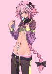  1boy absurdres astolfo_(fate) bangs black_bow blush bow braid fate/apocrypha fate/grand_order fate_(series) hair_intakes hej highres jacket long_braid long_hair long_sleeves looking_at_viewer male_focus multicolored_hair navel otoko_no_ko pink_background pink_hair purple_eyes purple_jacket simple_background single_braid skinny smile solo streaked_hair white_hair 