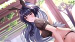  1girl animal_ears bangs bikini bikini_bottom black_bikini black_shirt blurry blurry_background blush braid closed_mouth derlyt fake_animal_ears hair_between_eyes headband honkai_(series) honkai_impact_3rd long_hair looking_at_viewer outdoors ponytail purple_eyes purple_hair rabbit_ears raiden_mei shirt short_sleeves signature smile solo swimsuit tree 