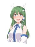  1girl :d bangs bare_shoulders blue_eyes blush cherry_stem_knot commentary constricted_pupils detached_sleeves eyebrows_visible_through_hair frog_hair_ornament green_hair hair_between_eyes hair_ornament hair_tubes highres kochiya_sanae looking_at_viewer miyo_(ranthath) simple_background smile snake_hair_ornament solo steam surprised sweat sweating_profusely touhou upper_body white_background 
