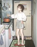  1girl blush brown_hair door frying_pan full_body grey_shorts hand_on_hip highres long_hair long_sleeves original plate pot red_footwear shirt shoes shoes_removed shorts slippers solo standing stirring utsuwa0120 white_shirt 