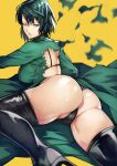  1girl absurdres ass black_panties boots bra_strap breasts commentary_request dress from_behind fubuki_(one-punch_man) green_dress green_eyes high_heels highres large_breasts looking_at_viewer looking_back one-punch_man one_eye_closed panties shiny shiny_hair shiny_skin simple_background solo thigh_boots thighhighs thighs torn_clothes torn_dress underwear yellow_background yoshio_(55level) 