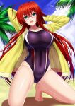  1girl arms_behind_head arms_up beach blue_eyes blush breasts cloud cloudy_sky competition_swimsuit eyebrows_visible_through_hair hair_between_eyes high_school_dxd highres jacket large_breasts looking_at_viewer one-piece_swimsuit open_mouth red_hair rias_gremory sand shibata_rai shiny shiny_skin sky solo swimsuit 