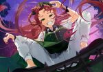  1girl black_footwear blood bow braid breasts gate gotou_(nekocat) green_eyes hat hong_meiling long_hair looking_at_viewer outdoors red_hair ribbon sky smile solo touhou tree twin_braids white_legwear 