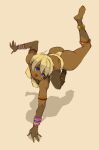  1girl anklet armlet ass barefoot bikini blue_eyes bracelet breasts dark-skinned_female dark_skin elena_(street_fighter) full_body jewelry mota open_mouth short_hair simple_background smile solo street_fighter street_fighter_iii_(series) swimsuit white_hair 