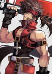  1boy absurdres bare_shoulders belt biceps brown_hair commentary_request covered_abs fingerless_gloves gloves guilty_gear hair_over_one_eye headband highres long_hair looking_at_viewer male_focus muscular muscular_male open_clothes pants pectorals ponytail simple_background sleeveless smile sol_badguy solo spiked_hair sword upper_body weapon yellow_eyes yoshio_(55level) 