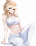  1girl abs arm_support bare_arms blonde_hair blue_eyes breasts cleavage closed_mouth crop_top expressionless genshin_impact highres jean_(genshin_impact) large_breasts long_hair looking_at_viewer midriff pants ponytail sidelocks simple_background sitting solo tank_top tommy_(kingdukeee) white_legwear white_pants white_tank_top 