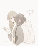  ... 2girls artist_name bag black_hair blush brown_hair ear_blush hidden_face hood hoodie hsu-jo hug hug_from_behind long_hair multiple_girls original short_hair shoulder_bag sketch upper_body yuri 