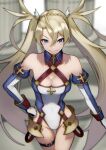  1girl absurdres bare_shoulders blonde_hair blue_eyes bradamante_(fate) braid breasts cleavage commentary covered_navel elbow_gloves fate/grand_order fate_(series) french_braid gloves hair_ornament halterneck highleg highleg_leotard highres leotard long_hair thigh_strap twintails very_long_hair yoshio_(55level) 