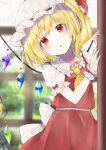  1girl ascot bangs blonde_hair blurry blurry_background blush bow bush collar collared_shirt crystal eyebrows_visible_through_hair eyes_visible_through_hair flandre_scarlet frilled_shirt_collar frills hair_between_eyes hands_up hat hat_ribbon highres jewelry leaf looking_at_viewer mob_cap multicolored_wings one_side_up open_mouth puffy_short_sleeves puffy_sleeves red_bow red_eyes red_ribbon red_skirt red_vest ribbon shirt short_hair short_sleeves skirt sky solo standing touhou vest wall white_bow white_headwear white_shirt white_sky window wings wrist_cuffs yellow_ascot yurara_(aroma42enola) 