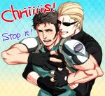  2boys bara black_gloves black_hair black_shirt blush brown_hair castella chris_redfield clenched_teeth couple facial_hair fingerless_gloves gloves green_shirt hug hug_from_behind large_pectorals looking_at_another male_focus multiple_boys muscular muscular_male open_mouth partially_fingerless_gloves pectorals resident_evil resident_evil_5 resident_evil_6 resident_evil_village shirt short_hair sunglasses teeth upper_body yaoi 