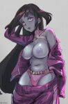  1girl arm_up bandages black_hair blue_skin breasts chamame clothes_pull colored_nipples colored_skin hair_between_eyes highres jacket large_breasts long_hair navel nipples open_clothes open_jacket panties pants pants_pull parted_lips purple_nipples red_eyes solo underwear yamada_tae zombie zombie_land_saga 