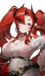  1girl absurdres arknights breasts fingernails grin heart heart-shaped_pupils highres horns large_breasts liuli_yuanxiaoniao oripathy_lesion_(arknights) red_eyes red_hair see-through_dress sharp_fingernails smile symbol-shaped_pupils toddifons_(arknights) twintails 