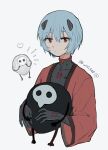  1girl artist_name ayanami_rei bangs black_bodysuit blue_hair bodysuit cape dango_(uni_520) hair_between_eyes hair_ornament holding interface_headset looking_at_viewer neon_genesis_evangelion plugsuit red_cape red_eyes sachiel short_hair simple_background white_background 