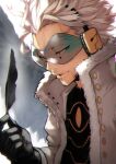  1boy alternate_hair_color bangs black_feathers black_gloves boku_no_hero_academia close-up commentary_request facial_hair fur_trim glasses gloves hawks_(boku_no_hero_academia) headphones highres long_sleeves male_focus shirt solo stubble upper_body white_hair yellow_eyes yoshio_(55level) 