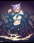  1girl animal_ears avatar_(ffxiv) blush bra breasts cat_ears commission earrings facial_mark final_fantasy final_fantasy_xiv glasses jewelry miqo&#039;te navel ooshio7734 oral original purple_hair restrained skeb_commission slimy solo tentacles tentacles_under_clothes underwear wet yellow_eyes 