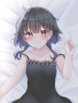  1girl bangs bare_arms bare_shoulders bed_sheet black_hair black_nightgown blush breasts brown_eyes closed_mouth collarbone commentary curled_fingers eyebrows_visible_through_hair frilled_nightgown fu7 hair_between_eyes hand_up highres kono_subarashii_sekai_ni_shukufuku_wo! looking_at_viewer lying megumin nightgown on_back on_bed short_hair short_hair_with_long_locks sidelocks sleeveless small_breasts smile solo spaghetti_strap strap_slip upper_body 