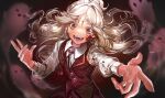 1girl 666666ttr artist_name blood commentary commission hands highres hitodama long_hair long_sleeves looking_at_viewer open_mouth original red_eyes red_vest russian_commentary shirt solo teeth vest white_hair white_shirt 