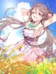  1girl ame_katsu armpits arms_behind_head arms_up bare_shoulders blue_sky body_markings breasts brown_hair cleavage closed_eyes dress facial_mark fate/grand_order fate_(series) forehead forehead_mark himiko_(fate) large_breasts long_hair magatama magatama_necklace open_mouth sash side_slit sideboob sky smile thighs topknot twintails white_dress 