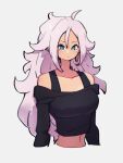  1girl android_21 blue_eyes breasts closed_mouth dragon_ball dragon_ball_fighterz earrings grey_background hoop_earrings jewelry kemachiku long_hair looking_at_viewer majin_android_21 medium_breasts midriff off-shoulder_shirt off_shoulder pink_hair shirt simple_background solo upper_body 