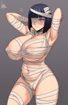 1girl absurdres areolae armpits arms_behind_head bandage_over_one_eye bandaged_arm bandaged_head bandaged_leg bandaged_neck bandages bangs black_hair blunt_bangs blush boruto:_naruto_next_generations breasts closed_mouth commentary covered_nipples cowboy_shot curvy grey_background highres huge_breasts hyuuga_hinata jmg mature_female mummy_costume naruto_(series) navel purple_eyes short_hair simple_background solo stomach sweatdrop thighs wavy_mouth 